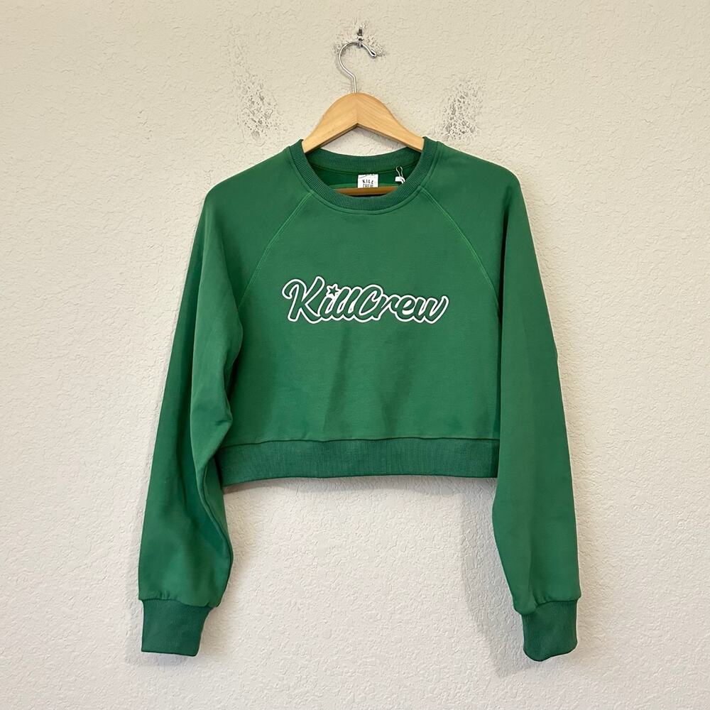 KILL CREW Script Crop Sweatshirt Green Graphic Pullover Crew Neck NWT